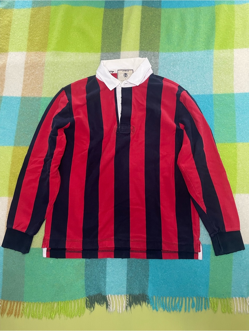 Vintage J. Crew Polo Rugby Shirt Striped Red Black White 90s Mens